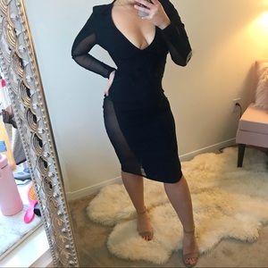 Midi deep V mesh black dress